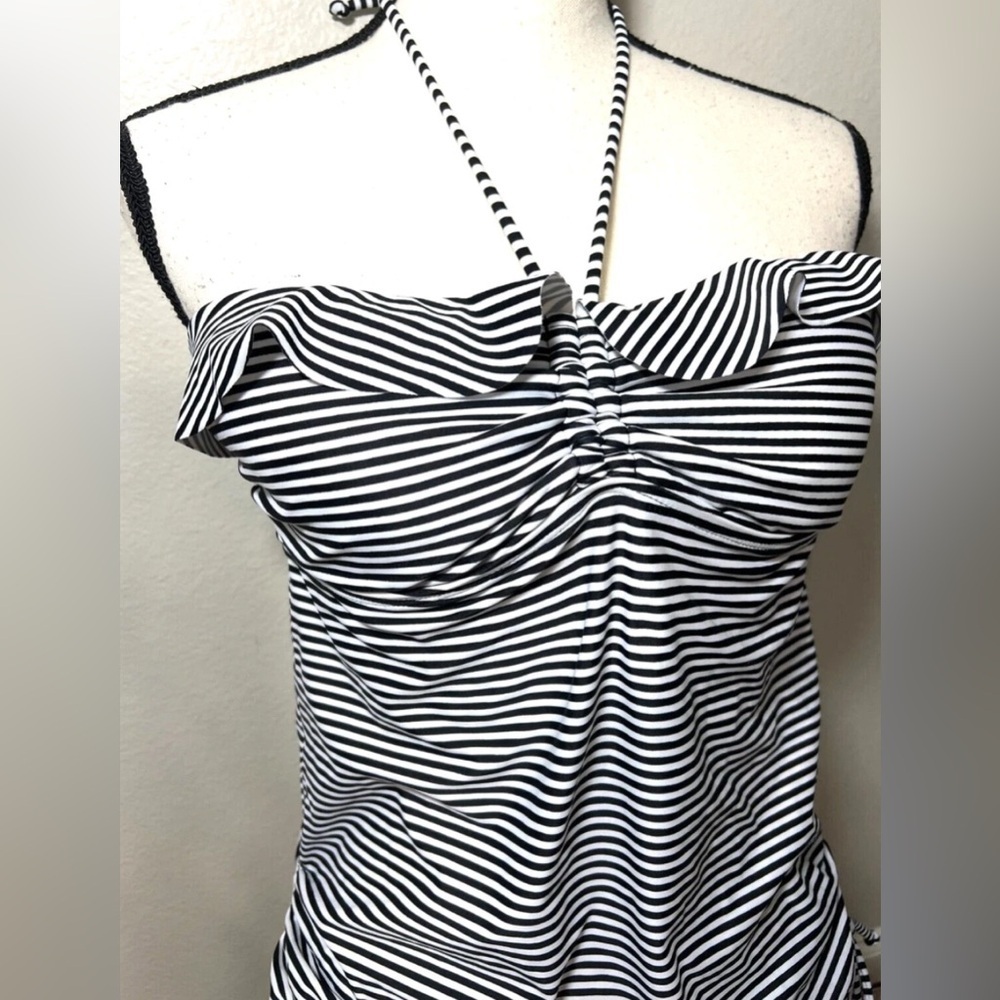 Womens Tankini Bathing Suit Top S Small swim Black White Ruffle Striped Halter